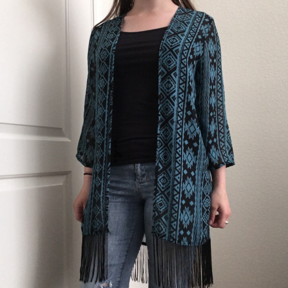 Blue Sheer Cardigan with Fringe